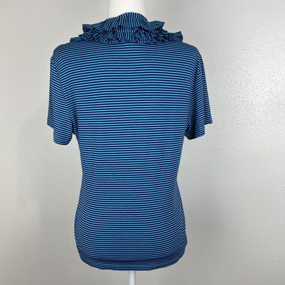 Soft Surroundings Blouse Women Medium Blue Striped Ruffle Collar Short Sleeve - Picture 4 of 13